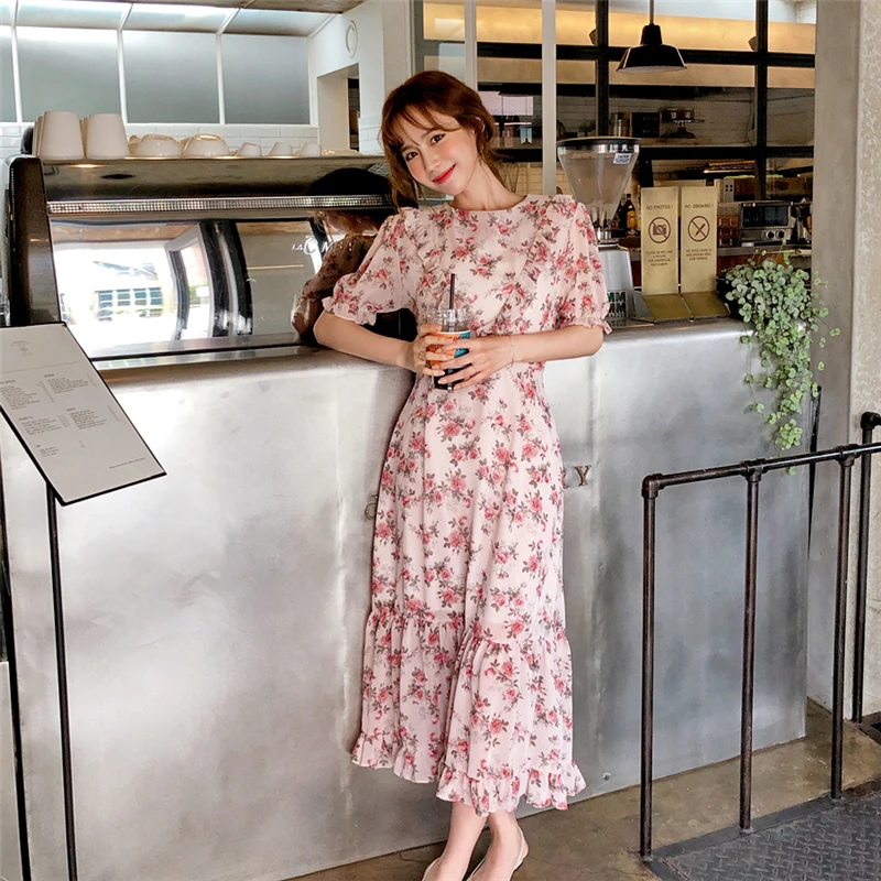 Винтажное романтичное Цветочное платье с круглым вырезом и оборками на талии