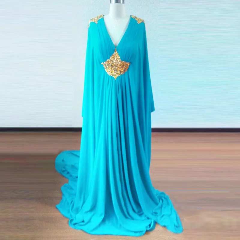 Бирюзовое платье с длинным рукавом мусульманское вечернее модель 2018 украшение