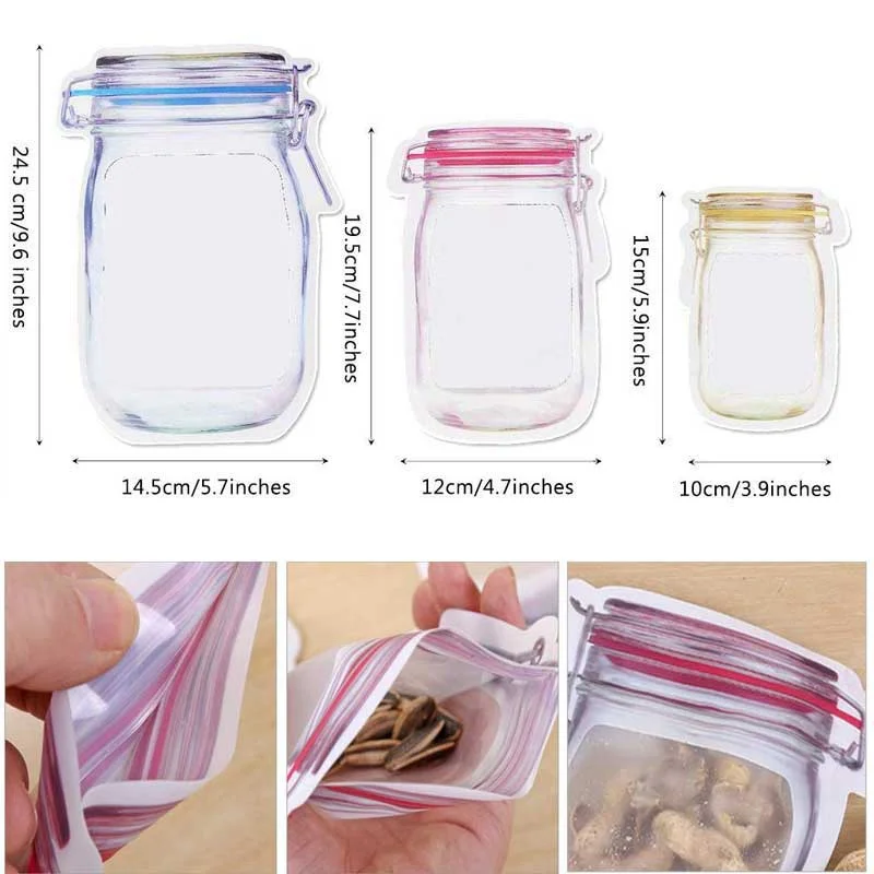 12 шт. Mason Jar с узором, сумки для хранения продуктов, набор многоразовых переносных кухонных органайзеров, закусок, свежих, на молнии, герметичные уплотнительные сумки