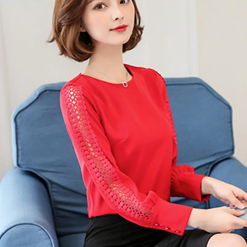 Spring Women Chiffon Blouse Long Sleeve Lace Shirt Hollow Out Blouses Tops Summer Sexy Slim Solid Blusa de Renda Feminina - Цвет: Красный
