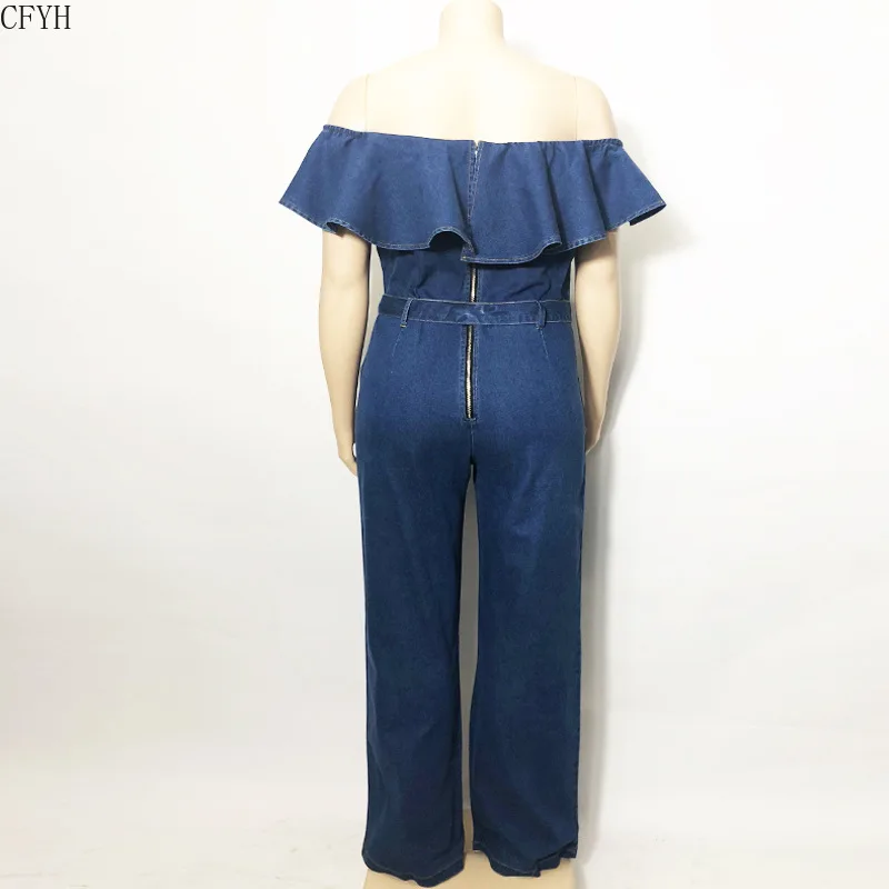 

Plus Size 4XL Back Zip Sexy Slash Neck Jumpsuit Summer Ruffle Spliced Straight Romper Women Fashion Denim Overall with Sashes