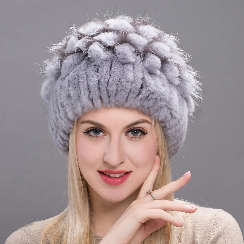 Женские зимние кожаные пуловер шапки меховая шапка из натурального кролика меха