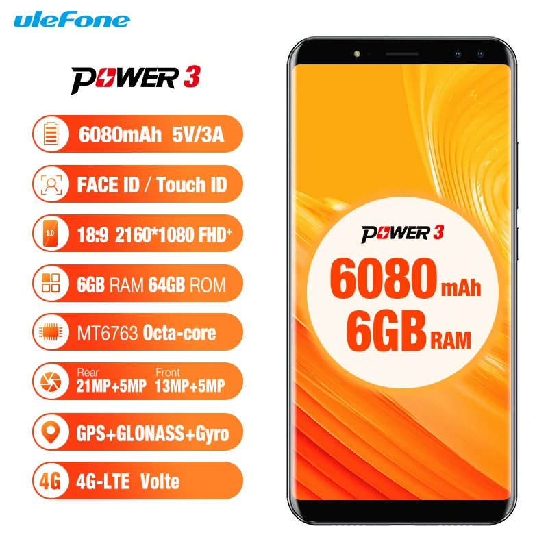 Ulefone Мощность 3 Android 7 1 6 0 '✘:9 FHD + ГЛОНАСС 21MP Face ID Quad Cam 6080 мАч MT6763 Octa core ГБ 64 4 г