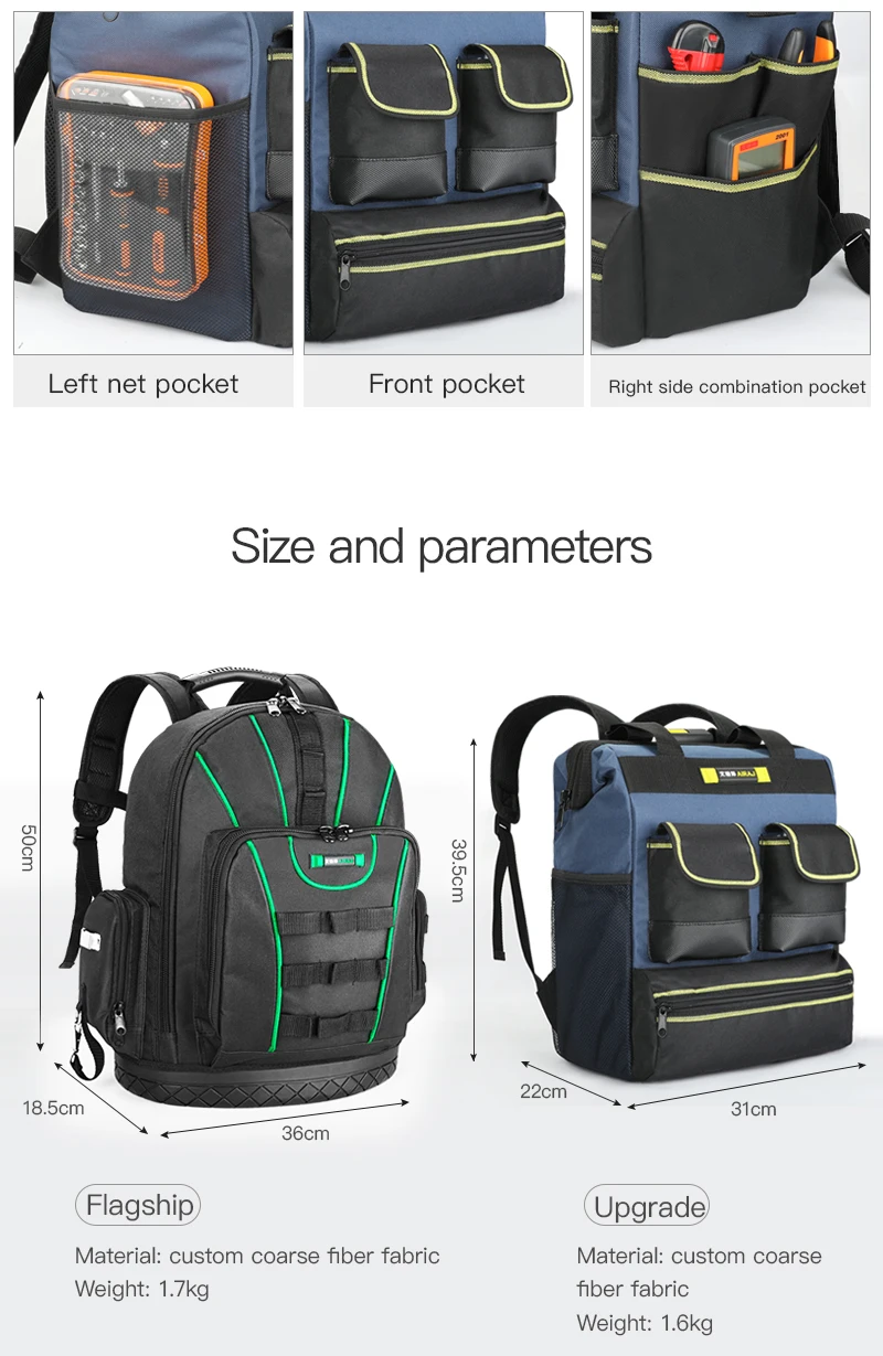 AIRAJ Multi-function Tool Backpack 1680D Waterproof and Wear-resistant Tool Storage Bag for Electrician / Woodworking Tool Bag