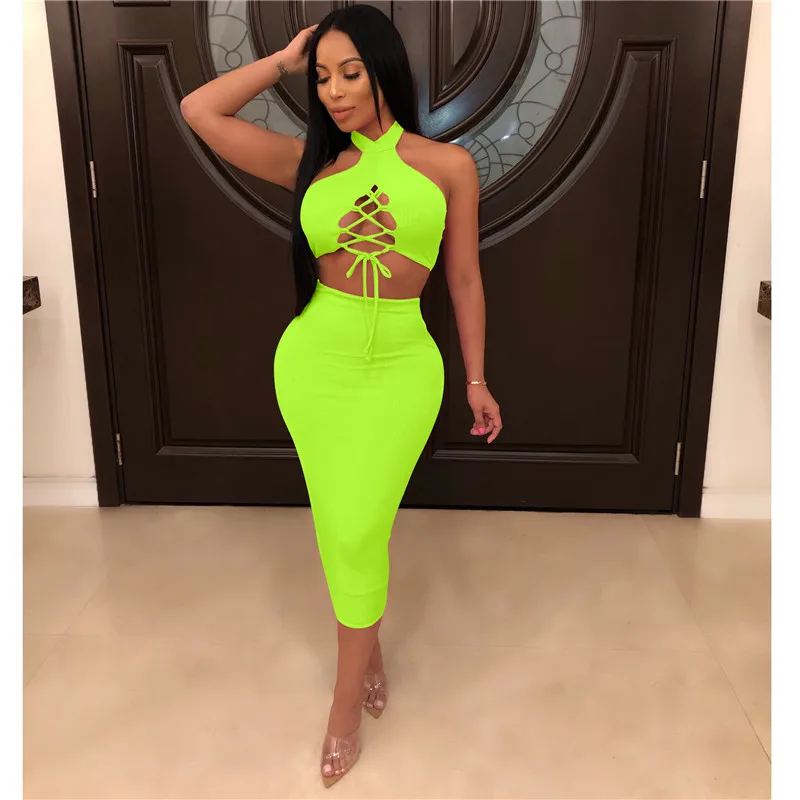 Женский комплект из 2 предметов, платье,, сексуальный летний комплект из двух частей, без рукавов, с бретельками, с открытыми плечами, на шнуровке, короткий топ, вечерние, для клуба, бодикон