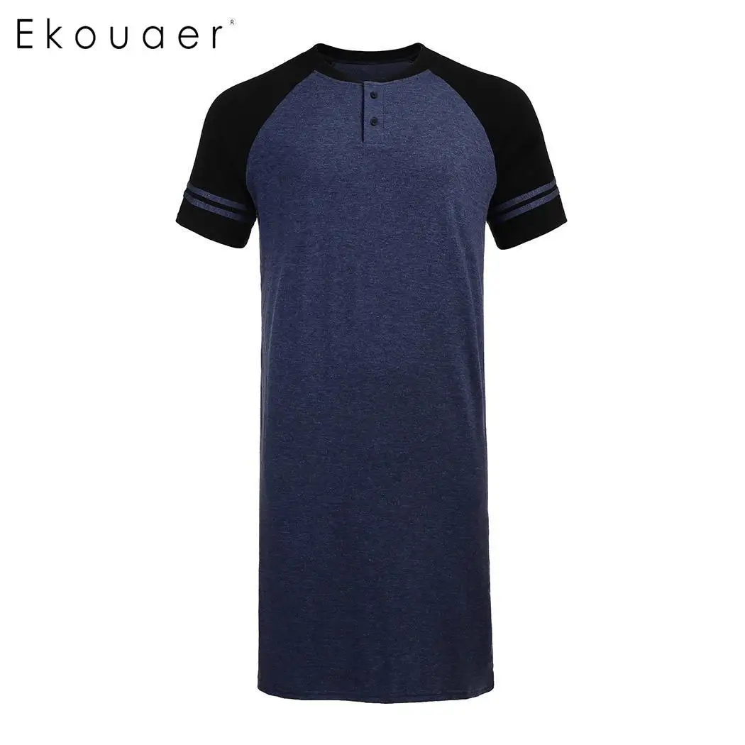 Ekouaer, мужские пижамы, мягкие ночные рубашки, ночная рубашка с коротким рукавом, свободная длинная рубашка для сна, Мужская пижама, домашняя одежда размера плюс - Цвет: Navy Blue