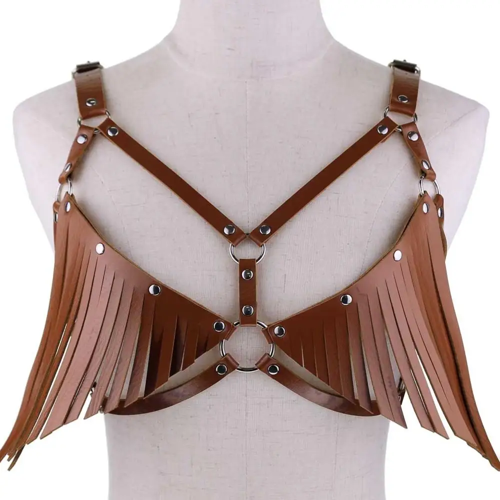 Light Brown Сексуальный панковский из искусственной кожи бюстгальтер с бахромой на груди подвязки ремни женское белье Подвязки Пояс для тела бандаж ремни сексуальные нагрудные ремни - Окраска металла: Light Brown