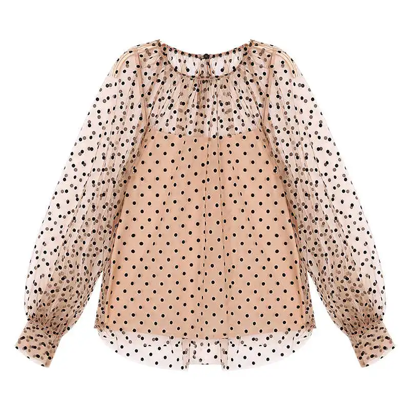 

Girls Dot Mesh Blouses Shirts Tees Female O-neck Full Lantern Sleeve Fairy Blouses Tops For Women FL913