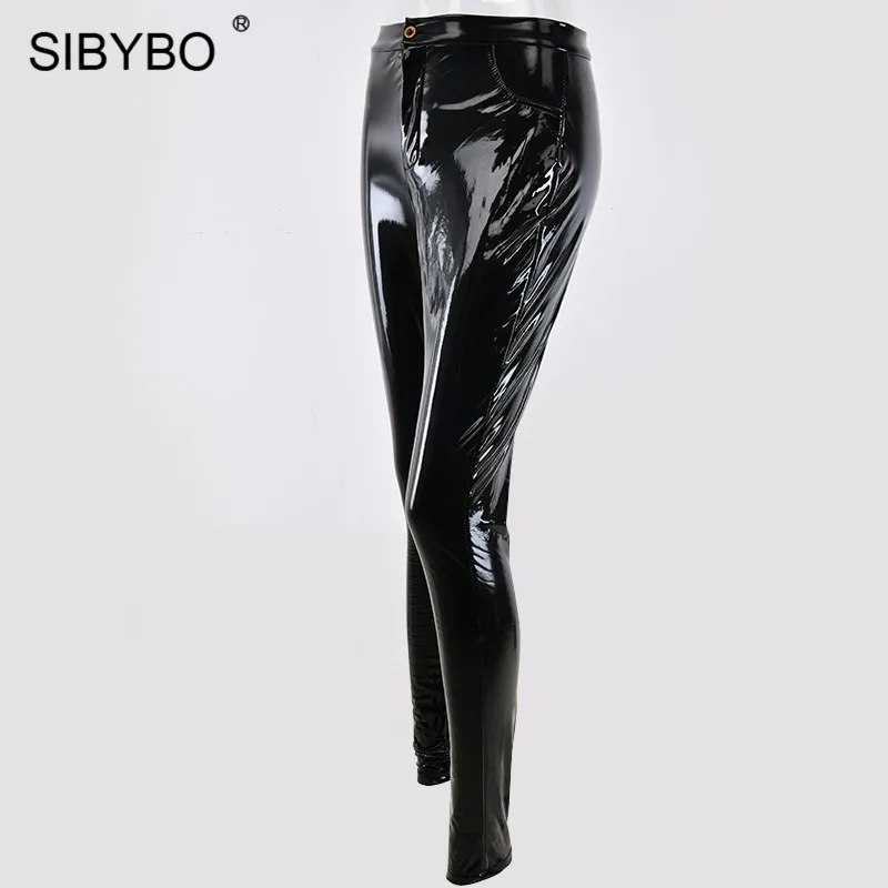 Sibybo, сексуальные женские брюки с высокой талией из искусственной кожи, модные обтягивающие зимние женские штаны на пуговицах, однотонные повседневные женские брюки