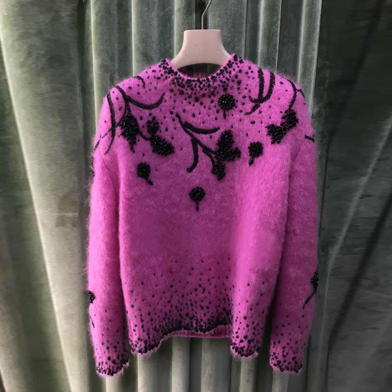 2018 Vintage Rose Mohair Sweaters and Pullover Women Floral Pattern Beading Long Sleeve Autumn Winter Runway Knit Jumper Clothes | Женская