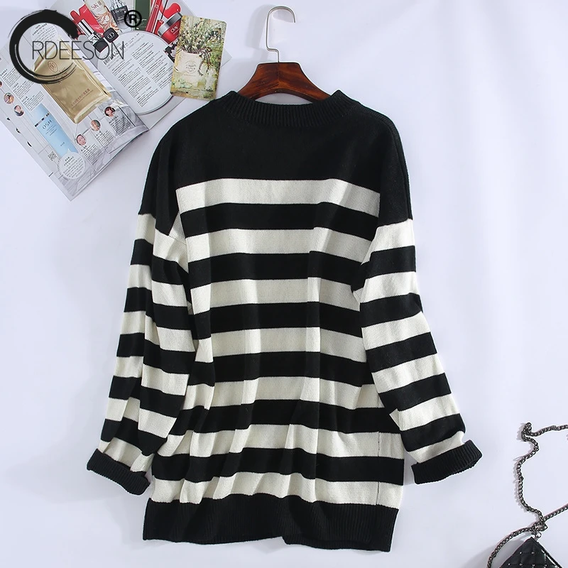 ORDEESON Stripe Parrot Embroidery Long Oversized Sweater Women Sweaters and Pullovers Jumper winter round neck Knitted | Женская одежда
