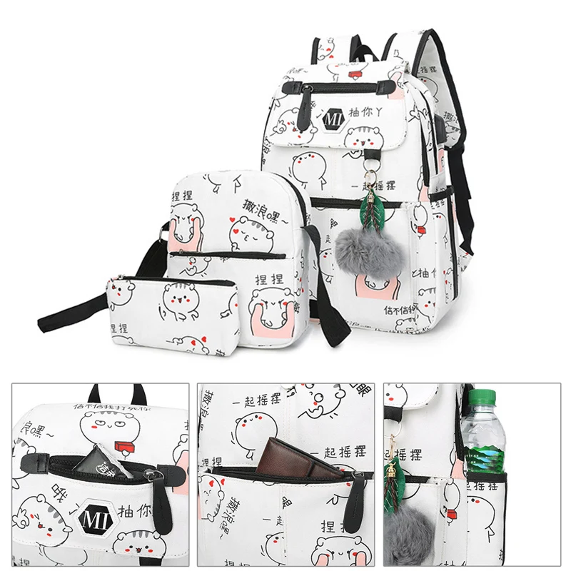 

USB Charging Canvas Backpack 3 Pcs/set Women School Backpacks Schoolbag Book Bag