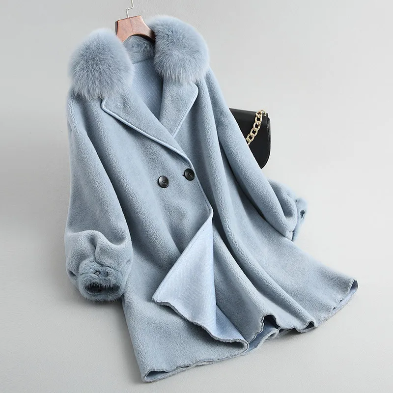 Light Blue AYUNSUE Новое Осеннее зимнее натуральное шерстяное меховое пальто с натуральным лисьим воротником, комбинированное меховое пальто, женские длинные куртки 18043 WYQ1806 - Цвет: Light Blue