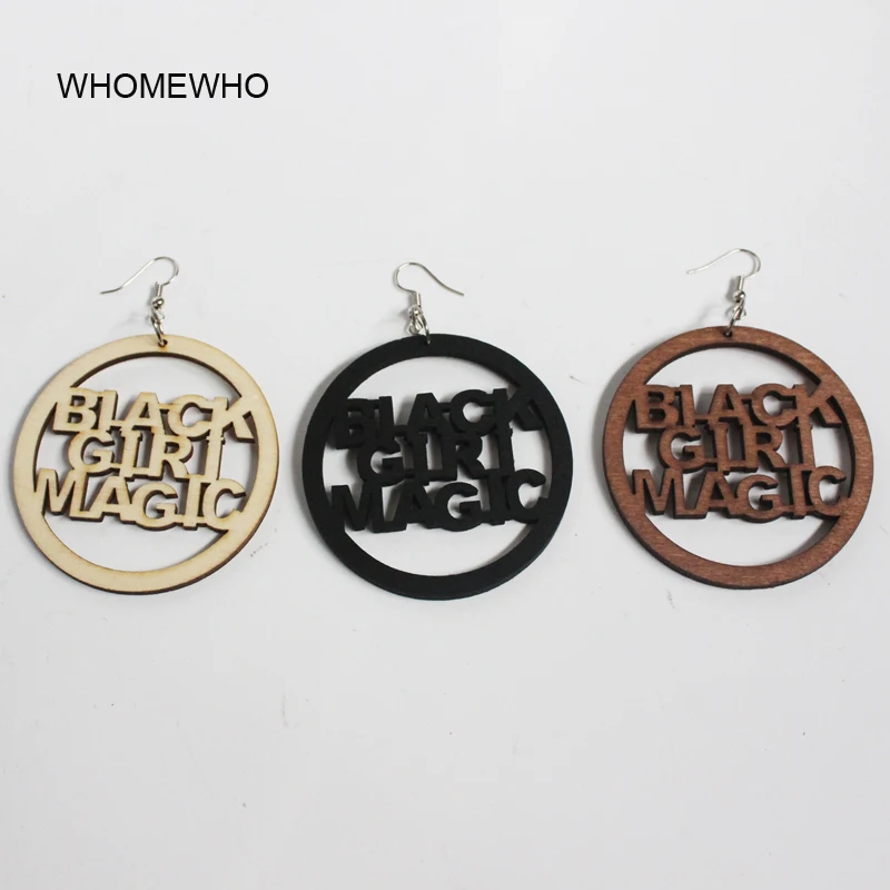 

Unfinished Wood Laser Cut Black Girl Magic Letters Round Drop Earrings Fashion Wooden Afro Jewelry
