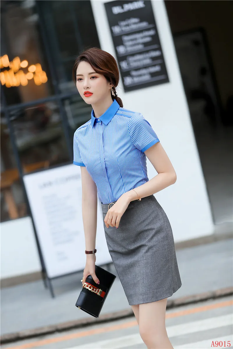 Женские офисные блузки и рубашки с коротким рукавом офисная одежда в синюю