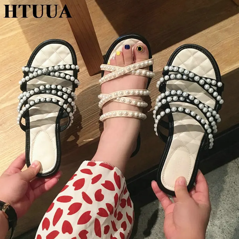 HTUUA/брендовые дизайнерские женские шлепанцы с жемчужинами и перекрестными