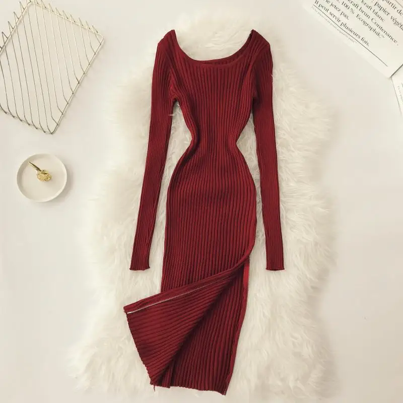 ALPHALMODA вязаный свитер на молнии сбоку трикотажное платье с длинным рукавом