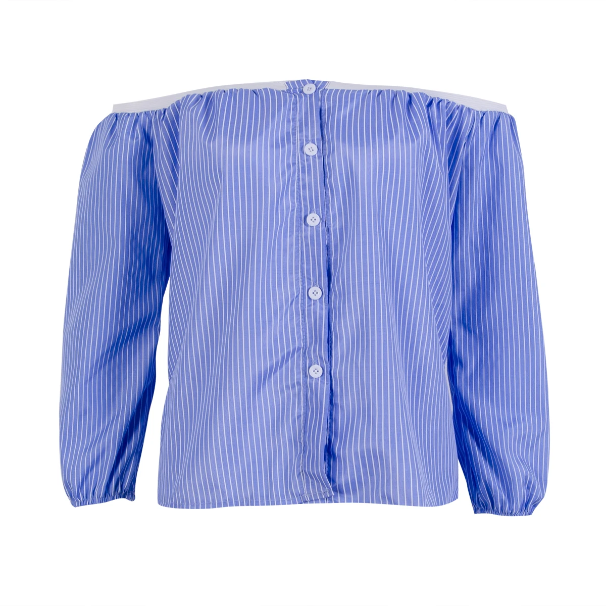 

Women Off Shoulder Slash Neck Button Three Quarter Sleeve Striped Casual Tops Summer Blouse Shirts