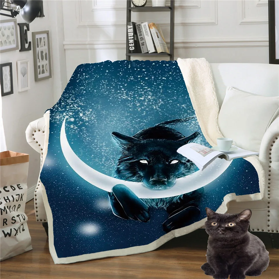 Модное покрывало шерпа для кровати с рисунком Черного Волка и кристаллами