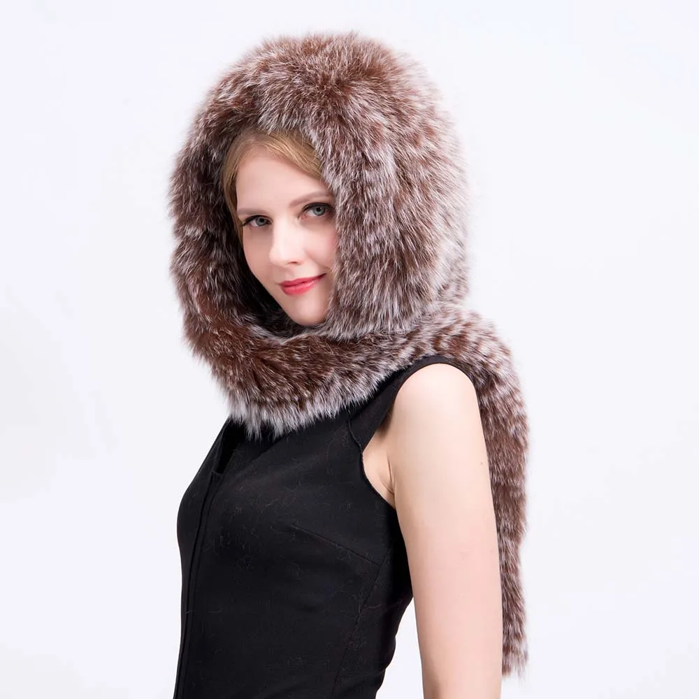 frosted brown MS. MinShu, шапка из лисьего меха с шарфом, ручная вязка, натуральный Лисий мех, шарф, шапка, модная зимняя женская шапка, пушистая меховая шапка, толстая меховая шапка - Цвет: frosted brown