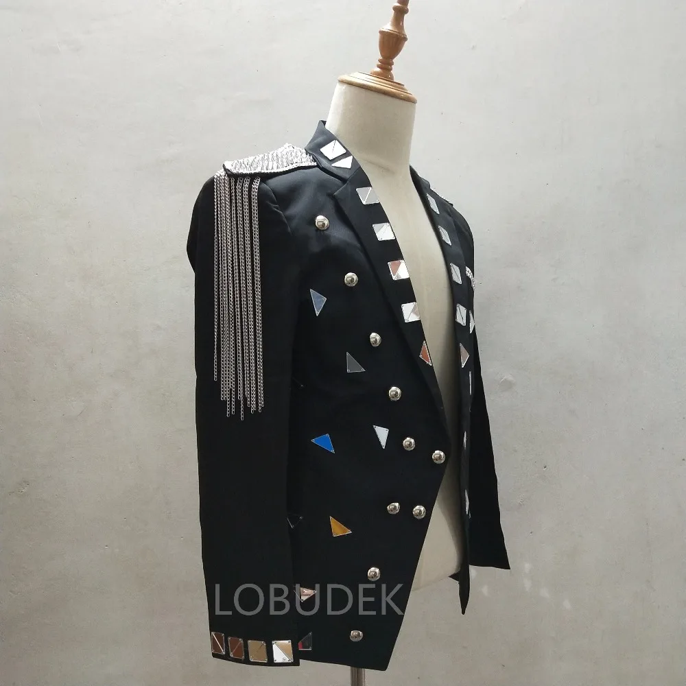 Silvery Rivet Mirrors Blazers Black Slim Coat Nightclub Sequins Stage Costume Men Singer Host Performance Clothes Outerwear | Мужская