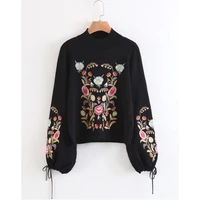 sexy o neck contrast color flower embroidery sweater 2017 new women lacing up cuff knitted knitwear jumper tops black