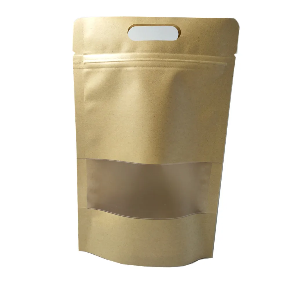 Brown 300 шт 15x25 см Doypack крафт-бумага пластиковая застежка молния Блокировка окна упаковка сумка с ручкой самозапечатывающийся закуска к чаю продуктовые пакеты со струнным замком - Цвет: Brown