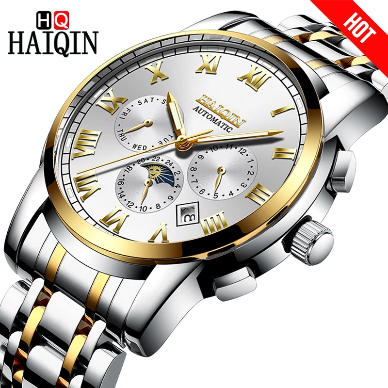 

HAIQIN Men Watch Automatic mechanical Luxury Business Moon Phase Watches Waterproof Full steel Wrist watch Male Calendar clock