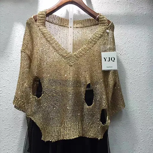 Cakucool Women Gold Lurex knit Shirt Sexy Hollow out Half Sleeve Top Blouse Bling Loose See through Casual Summer Blusa Femme