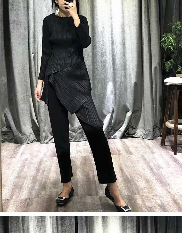 Changpleat Весенние новые женские комплекты Miyak плиссированные Модные Дизайнерские однотонные тонкие эластичные футболки и штаны костюмы из двух частей S9