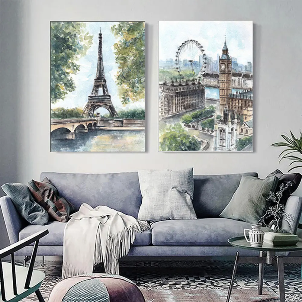 

Famous Paris Building Canvas Poster Watercolor Nordic Style Street Viewsacpe Wall Art Print Decorative Picture Decor No Frame