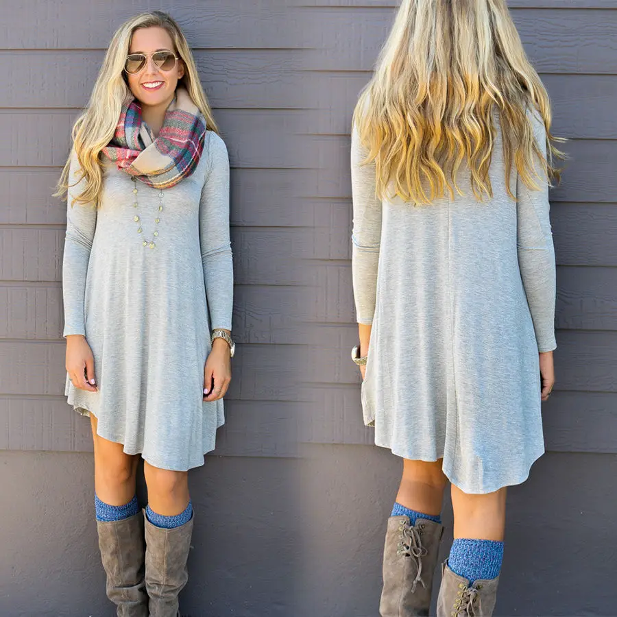 Женское шерстяное платье мини vestidos Хлопковое с круглым вырезом и длинным рукавом