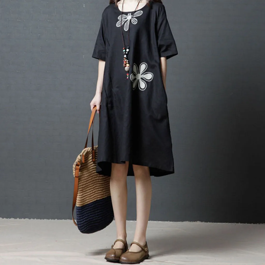 Женское платье с короткими рукавами SAGACE хлопковое льняное свободное удобное