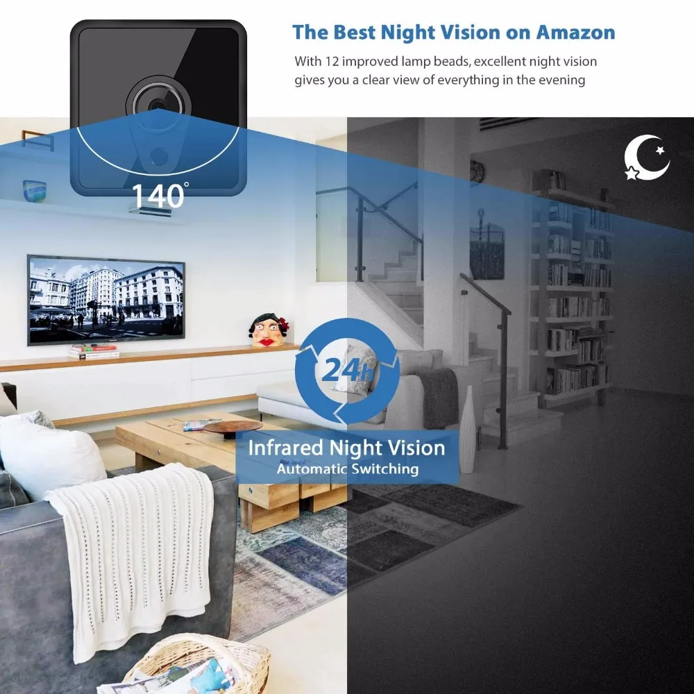 Мини камера видеонаблюдения Wi Fi 1080P с функцией ночного видения и обнаружения