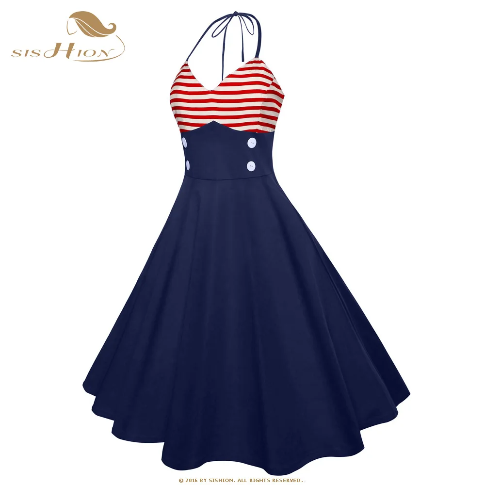 Женское винтажное платье в стиле ретро sision темно-синее без рукавов с принтом