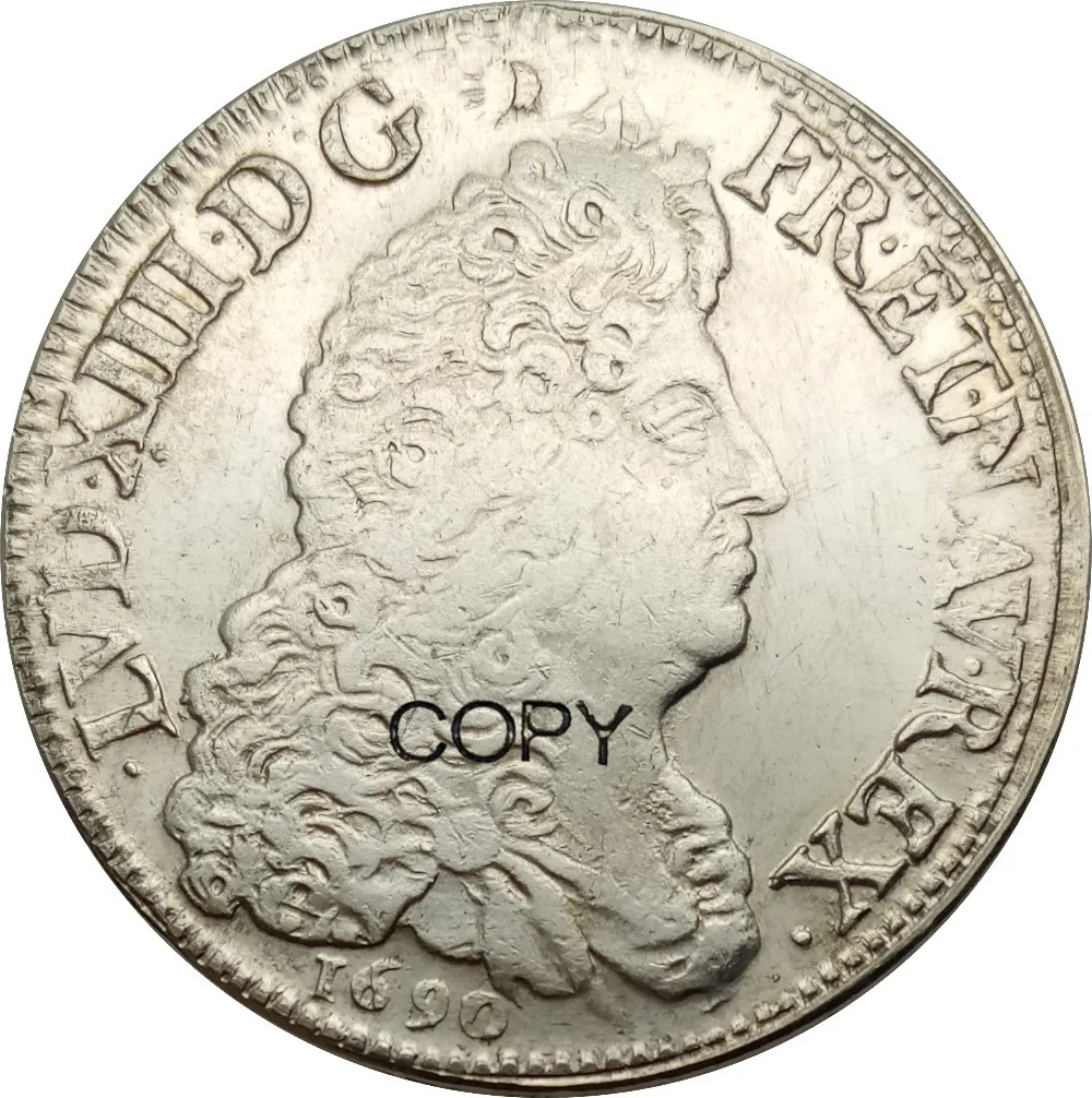 

France Kingdom 1 Ecu Louis XIV 1690 Brass Plated Silver Copy Coins