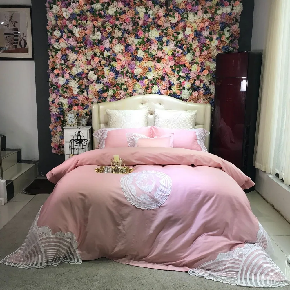 

Noble 80S Egyptian cotton Embroidered Bedding sets Queen King Luxury White Lace Duvet cover Princess Bed sheet set Pink 4/6pcs