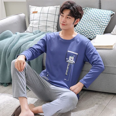 Cotton Pajama Men Пижамы для сна, мужские пижамы с длинными рукавами и круглым вырезом, одноцветная одежда для сна, пижамы для мужчин, зимняя Пижама для мужчин 4XL - Цвет: Cotton Pajama Men