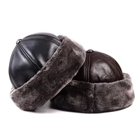 mens genuine leather winter warm thick lining skullcap beanies beret round hat brimless capshats
