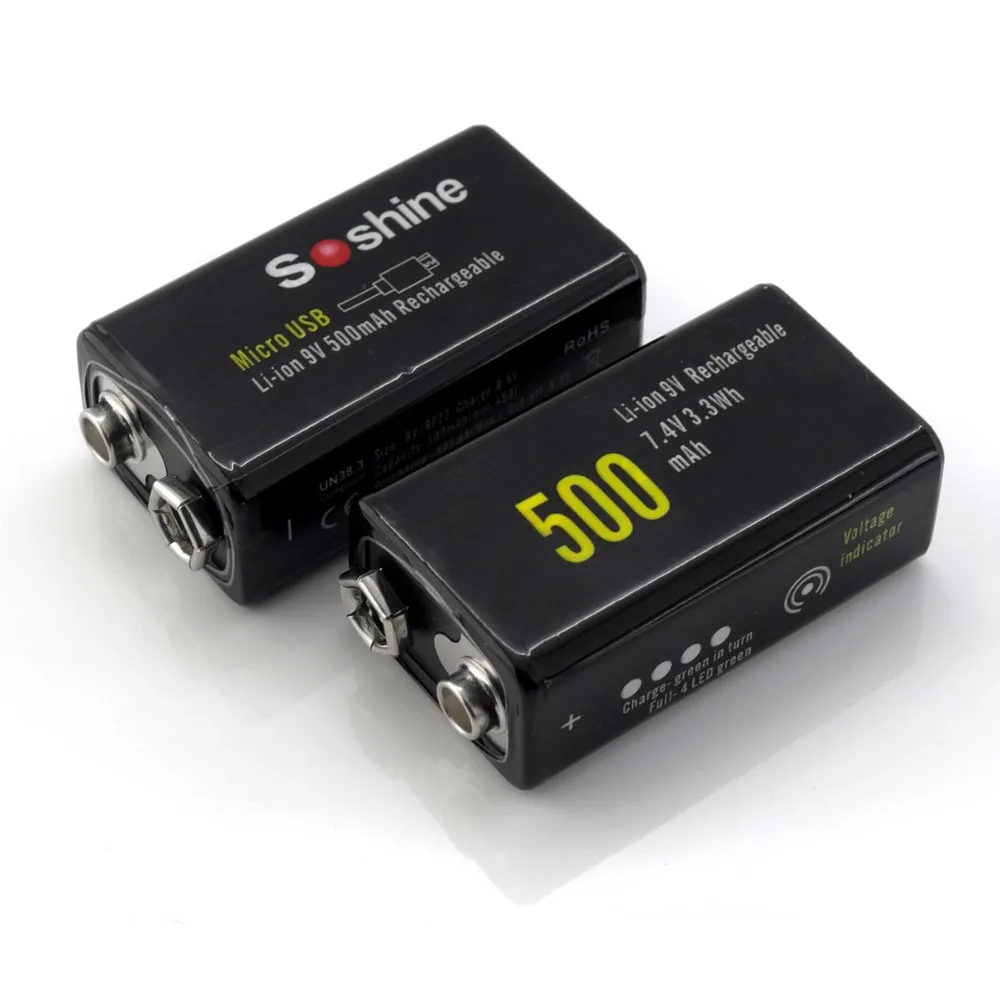 Литий-ионный аккумулятор Soshine 9 в 500 мАч с встроенным портом Micro USB 2 способа зарядки
