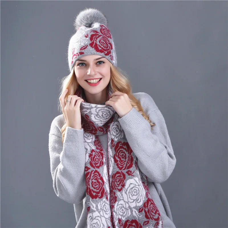 rose gray pom Xthree, зимняя шапка, шарф для женщин, шапка для девочек, шерстяная вязаная шапка, шарф, набор и большой натуральный мех норки, помпон - Цвет: rose gray pom