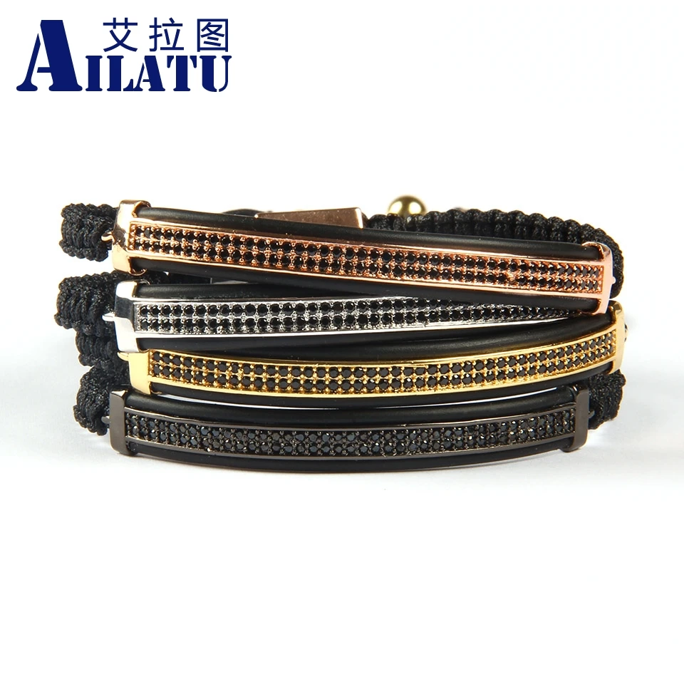Ailatu модные ювелирные изделия Micro Pave латунь черный Cz Двойной длинной трубки протектор для часов плетеный браслет