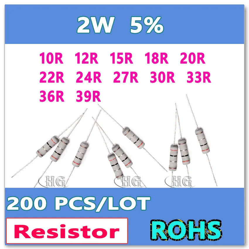 

JASNPROSMA 200PCS/LOT 5% 2W 10R 12R 15R 18R 20R 22R 24R 27R 30R 33R 36R 39R carbon film DIP OHM Resistor