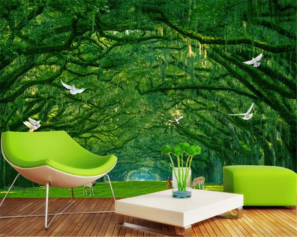 3D обои Beibehang на заказ с примитивным лесом фотообои голубь зеленое дерево олень