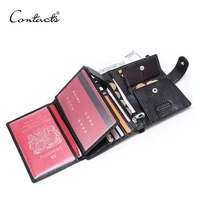 contacts genuine leather men passport wallet with metal hasp zipper big coin pocket business male trifold purse card holder