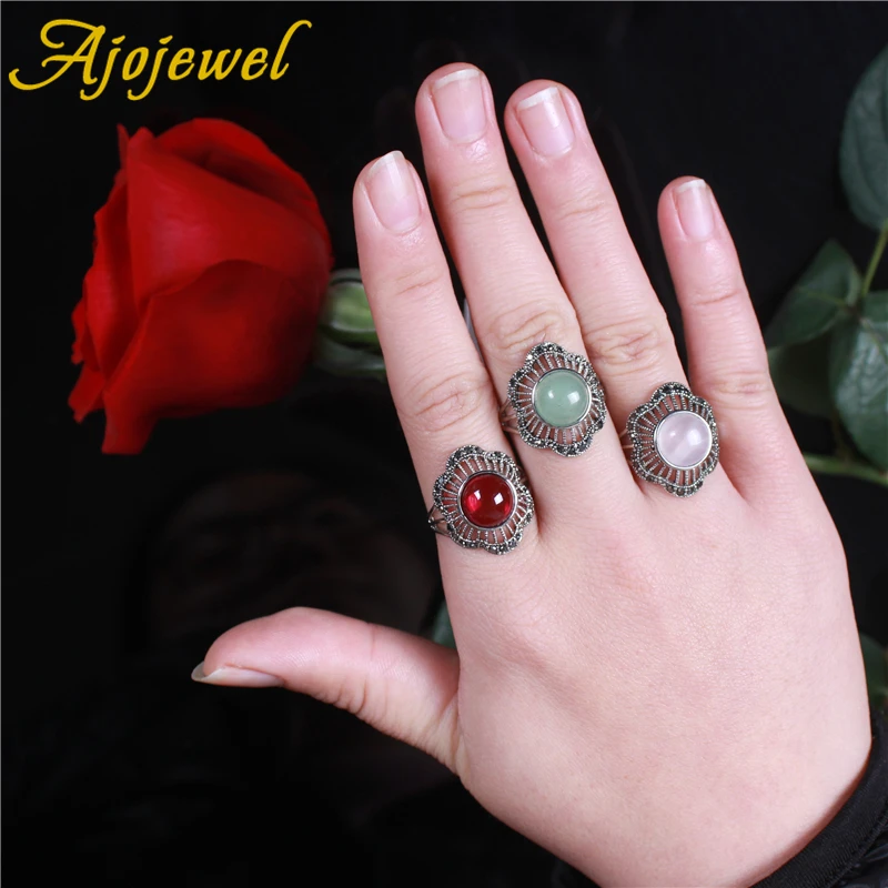 Ajojewel, стиль, кольцо с зеленым камнем под старину, женское, черное, CZ, в форме цветка, кольцо на палец, милые ювелирные изделия, бижутерия, подарки