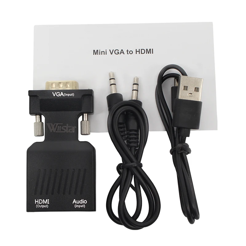 

Mini VGA Male to HDMI Female Converter VGA2HDMI Adapter with 3.5mm Audio Cable USB Cable Resolution up to 1080P PC HDTV Monitor
