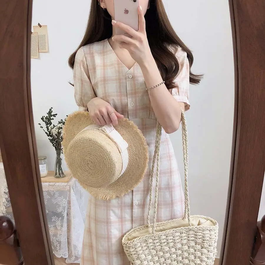 Большие размеры; летнее платье для девочек; Boho вечерние женские винтажные платья; клетчатый кардиган с пуговицами; женские платья с коротким рукавом; длинное платье; Vestido
