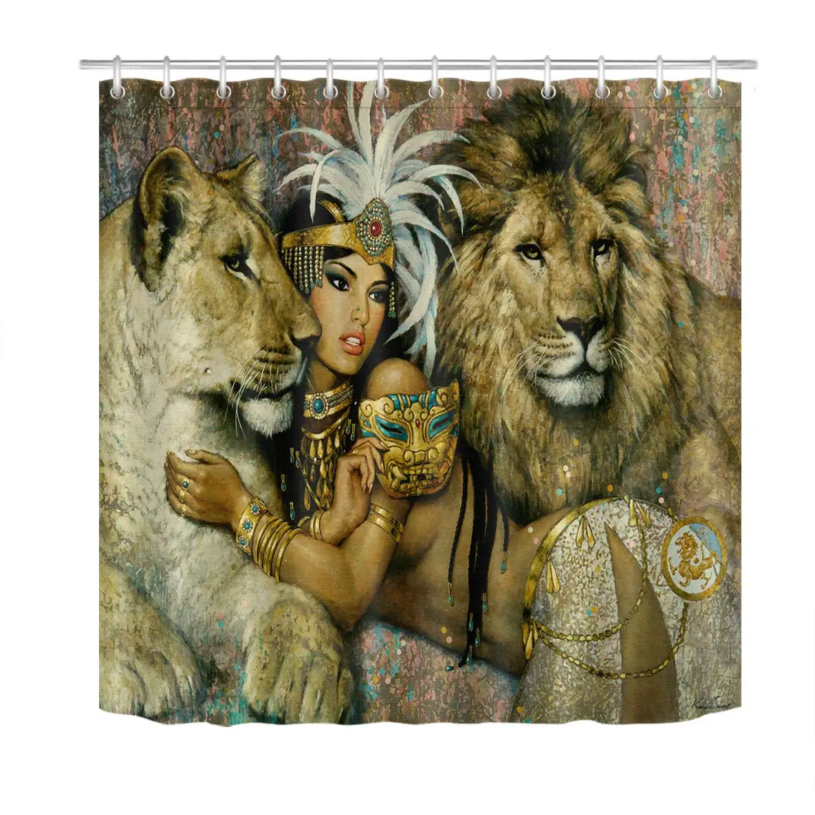 

African Woman Decorations Shower Curtain Set Egypt Queen African Woman and Lion Bath Curtain
