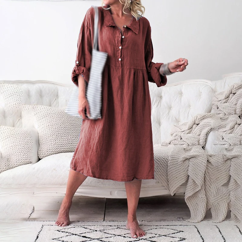 Платья летние женские пуговицы повседневные с отворотом длинным рукавом